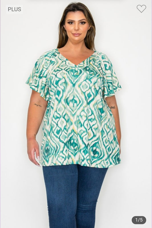 Plus size v neck multi print top