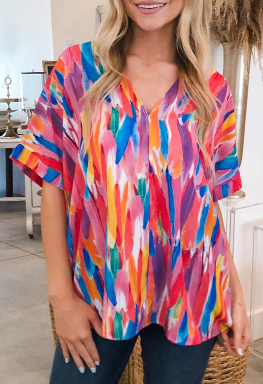 Multicolor print v neck blouse