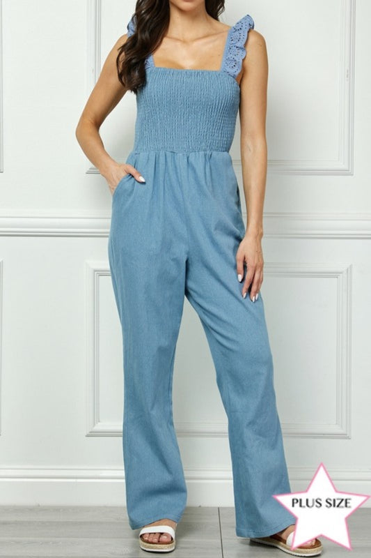 Smocked denim jumpsuit