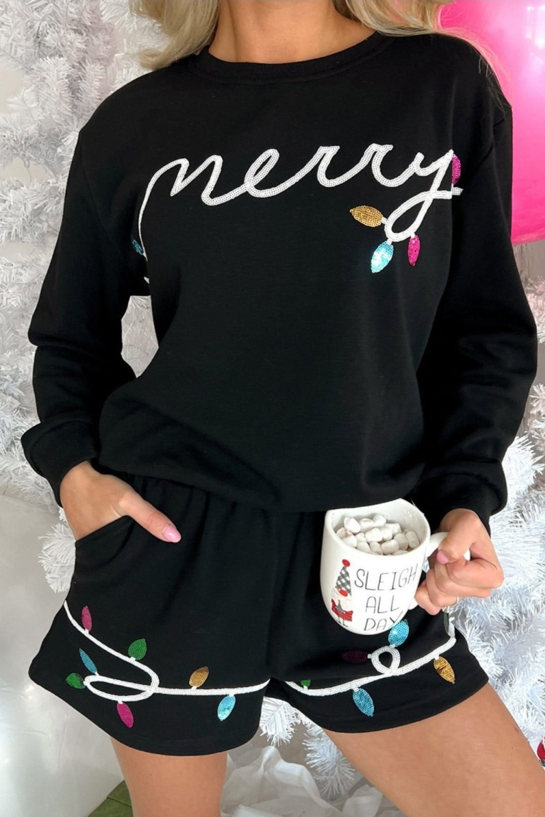 Black sequin merry graphic pullover and shorts outfits