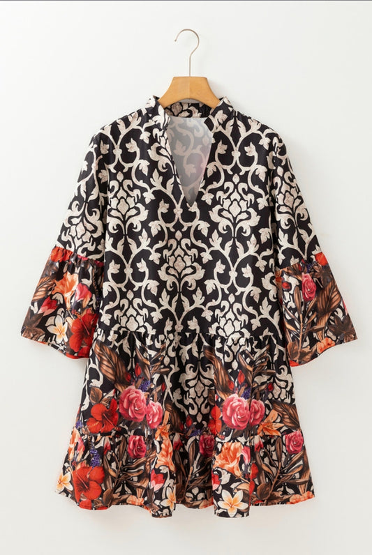 Black retro floral mixed print neck A-line dress