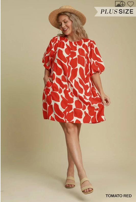 Tomato red abstract print dress