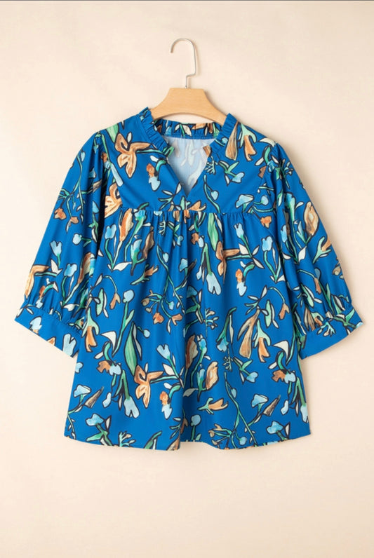 Blue floral v neck plus size blouse