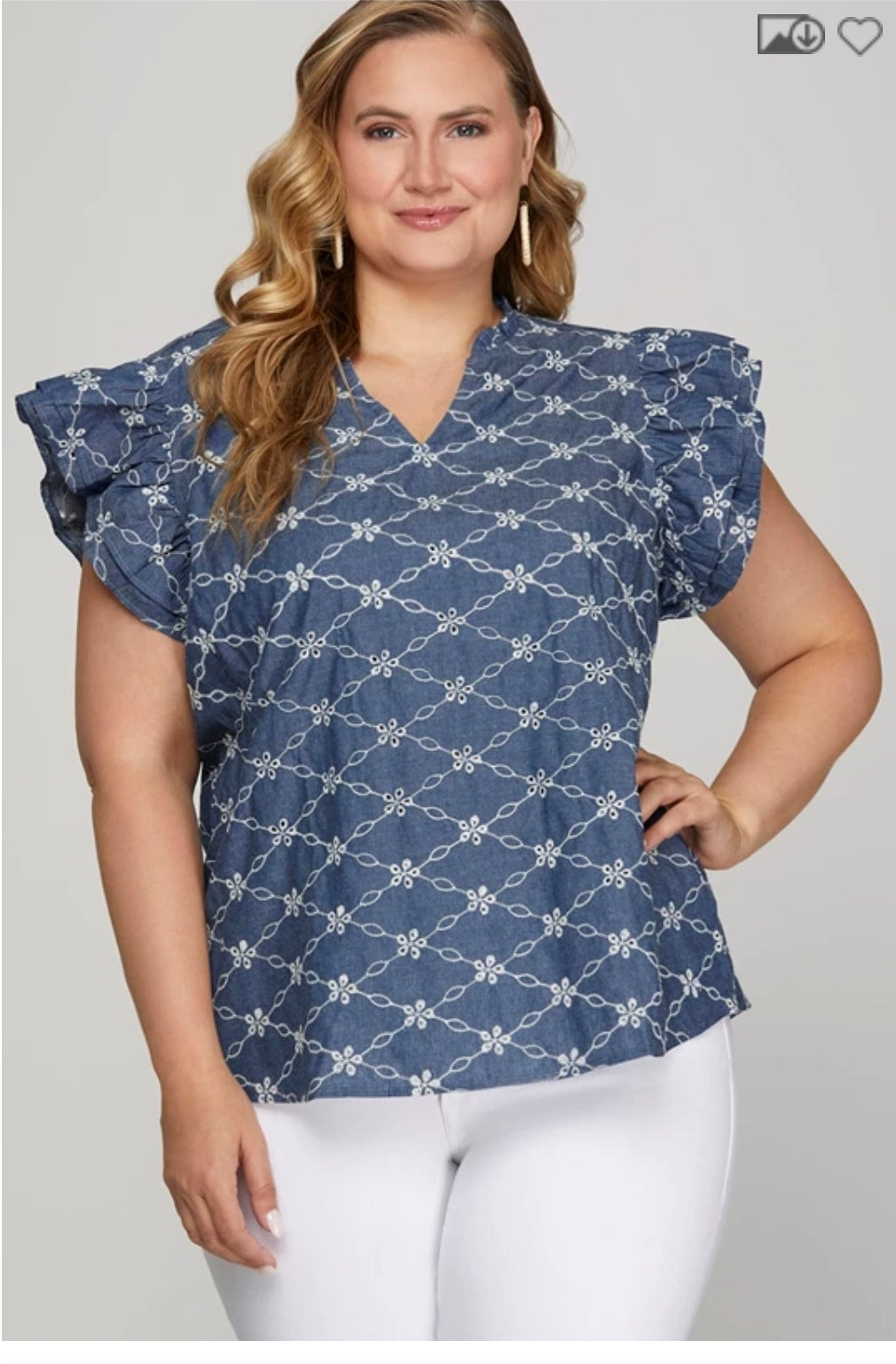 Ruffle sleeve embroidered chambray top