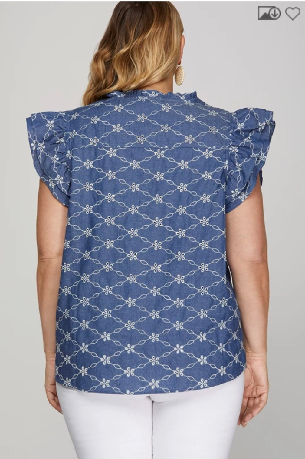 Ruffle sleeve embroidered chambray top
