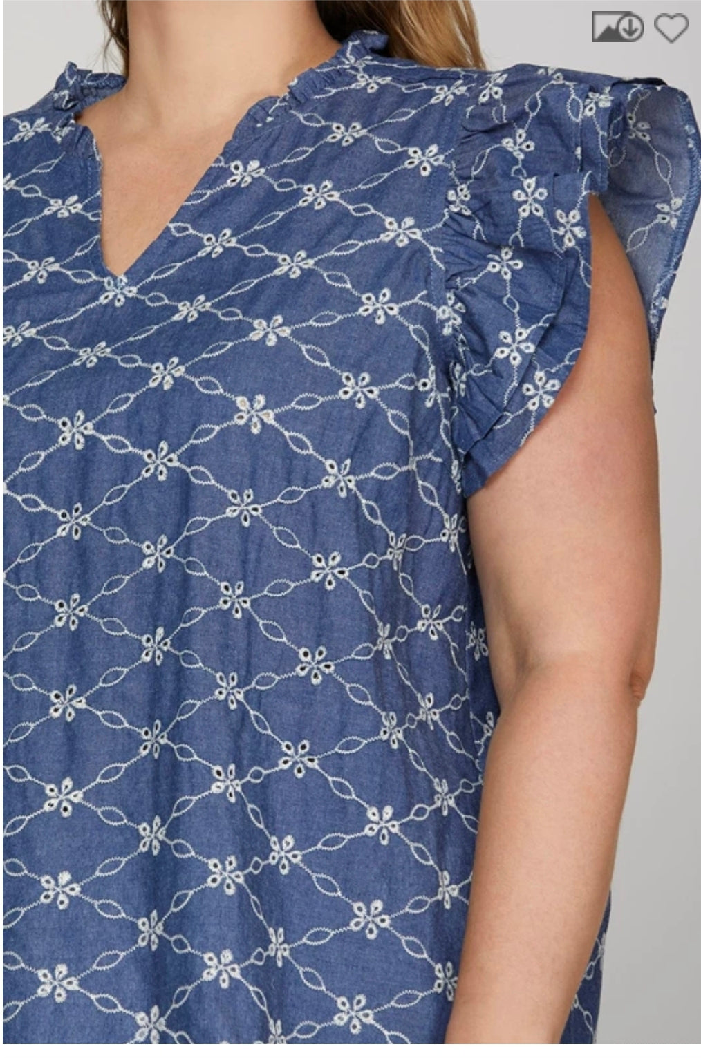 Ruffle sleeve embroidered chambray top