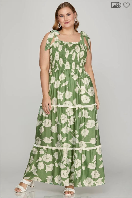 Plus woven print smocking Tiered maxi dress