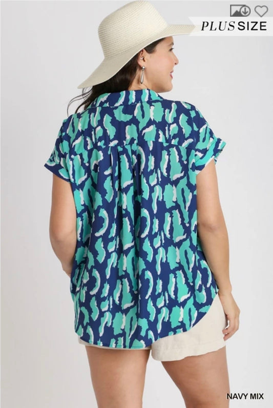 Animal print high low hem button down shirt