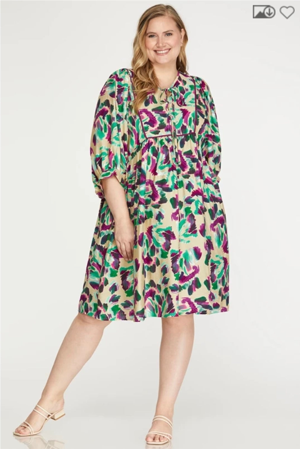 Puff sleeve print dress with side pockets