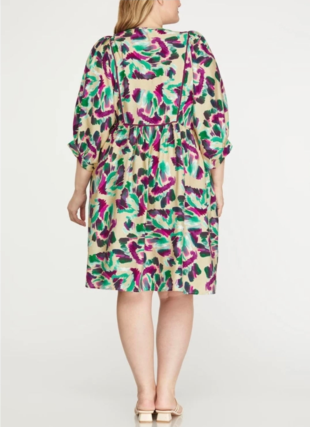Puff sleeve print dress with side pockets