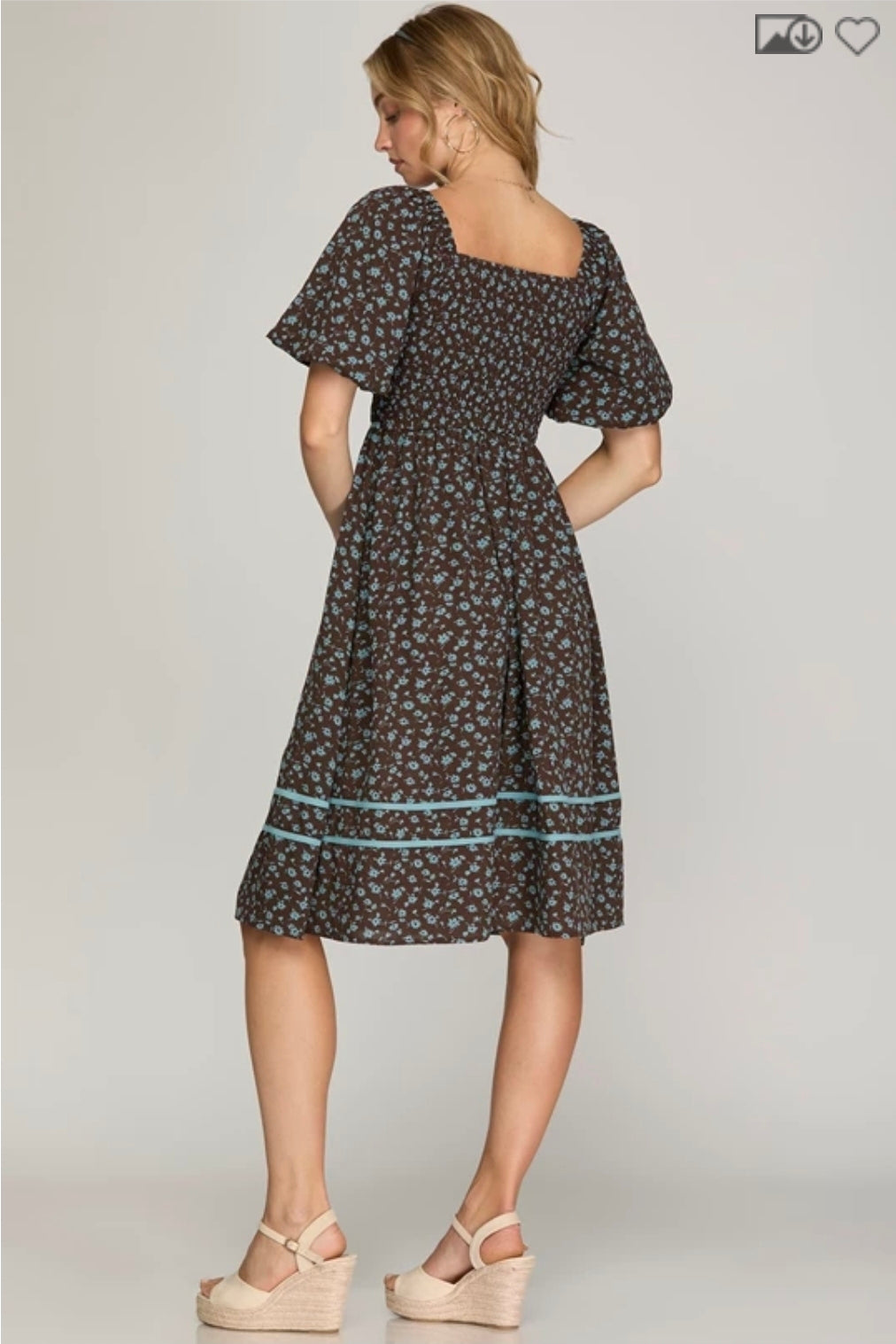 Short bubble sleeve contrast floral print dress with side pockets