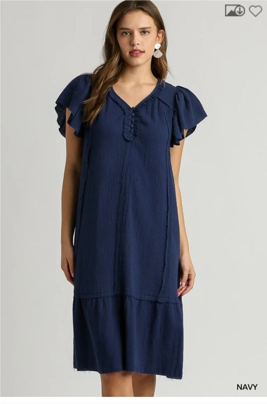 A-line midi button v neck midi dress