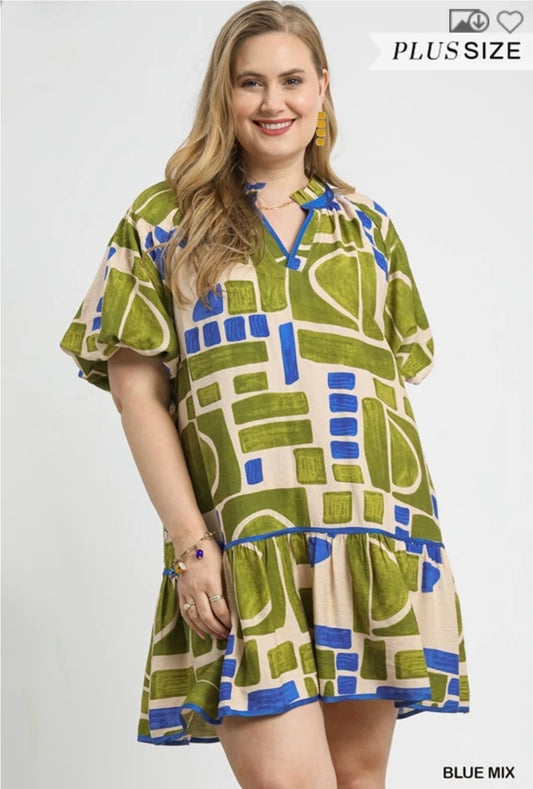 Abstract geo print ruffle hem dress