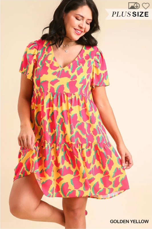 Abstract print v neck dress