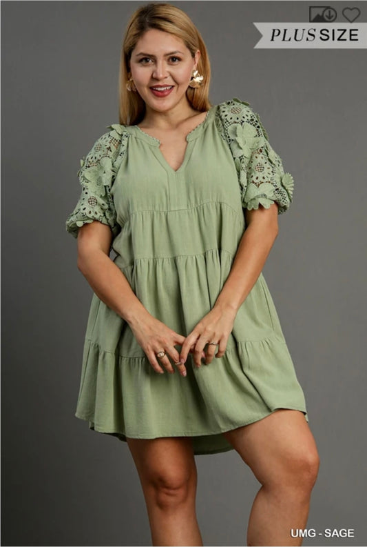 Linen tiered split neck dress