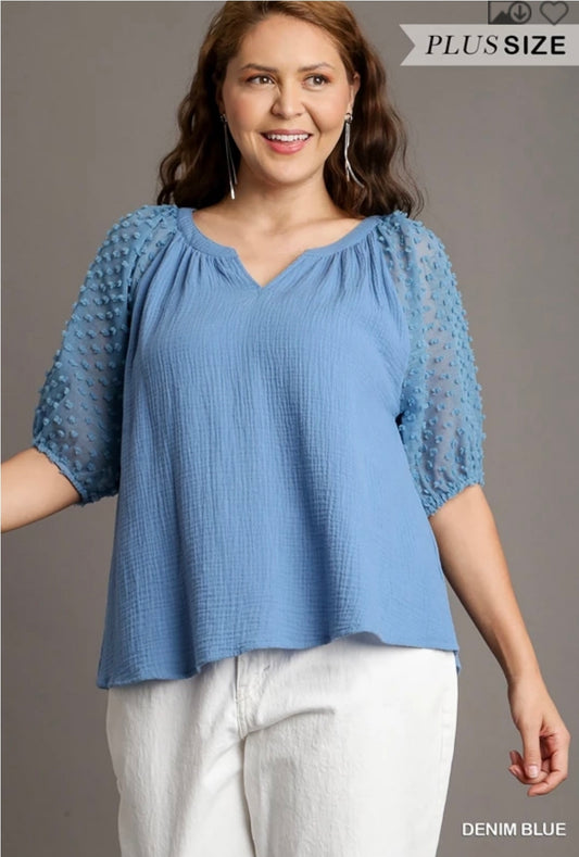 Floral applique boxy cut puffed sleeve top