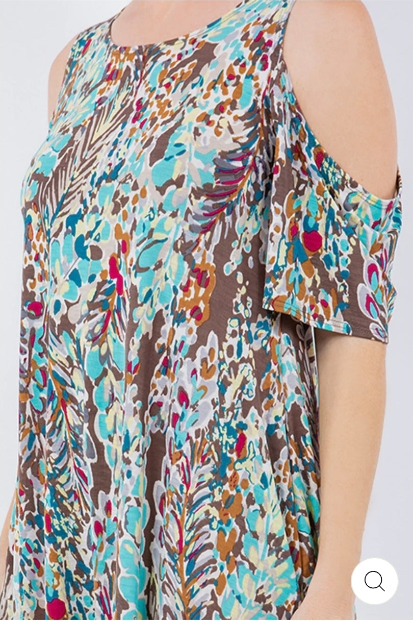 Teal floral cold shoulder w/side pockets plus size dress
