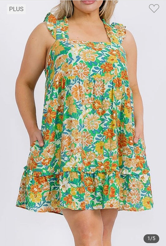 Floral printpocket front tunic mini dress plus