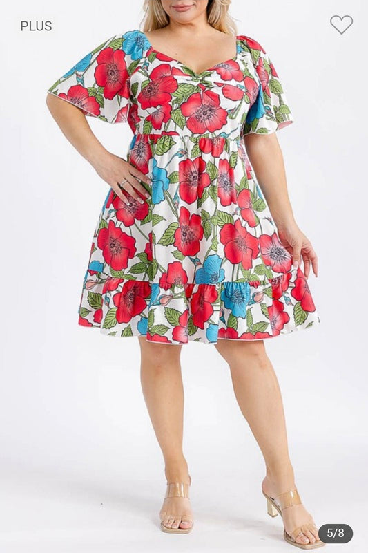 Puff ruffle elastic waist fit & flare floral dress