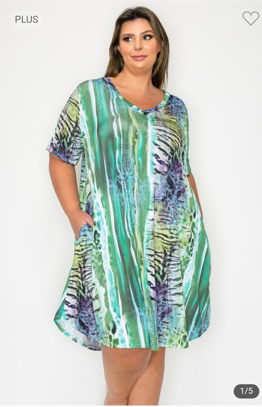 Plus size vneck print dress with pockets