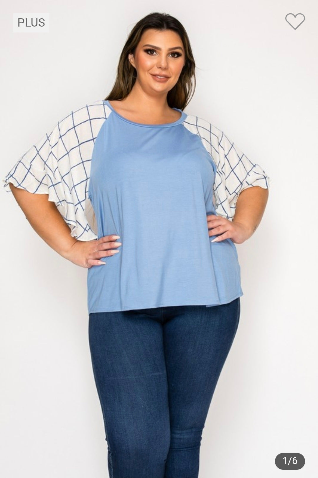 Plus size solid top with print ruffle sleeves