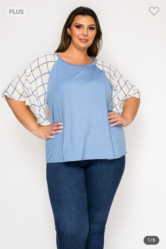 Plus size solid top with print ruffle sleeves