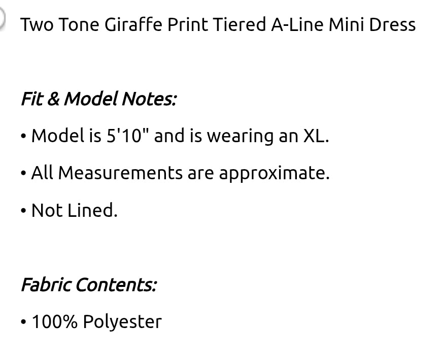 Two tone giraffe print Tiered a line mini dress