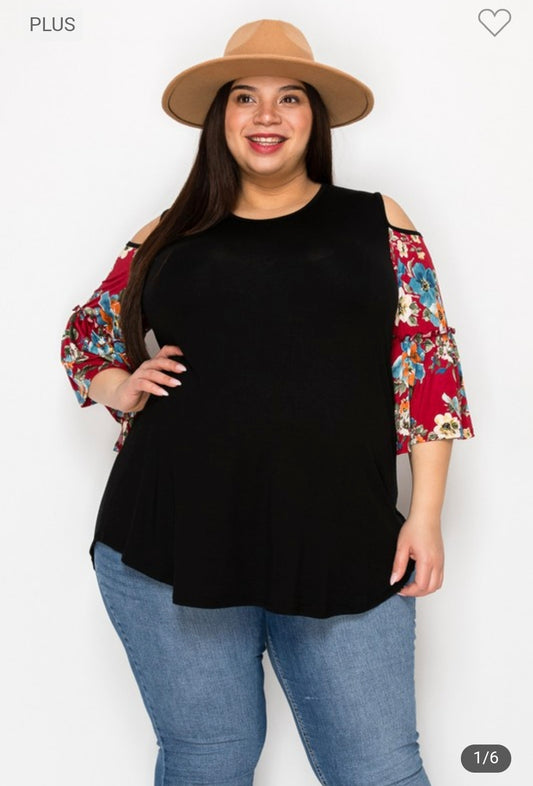 Plus size cold shoulder flower print tunic top