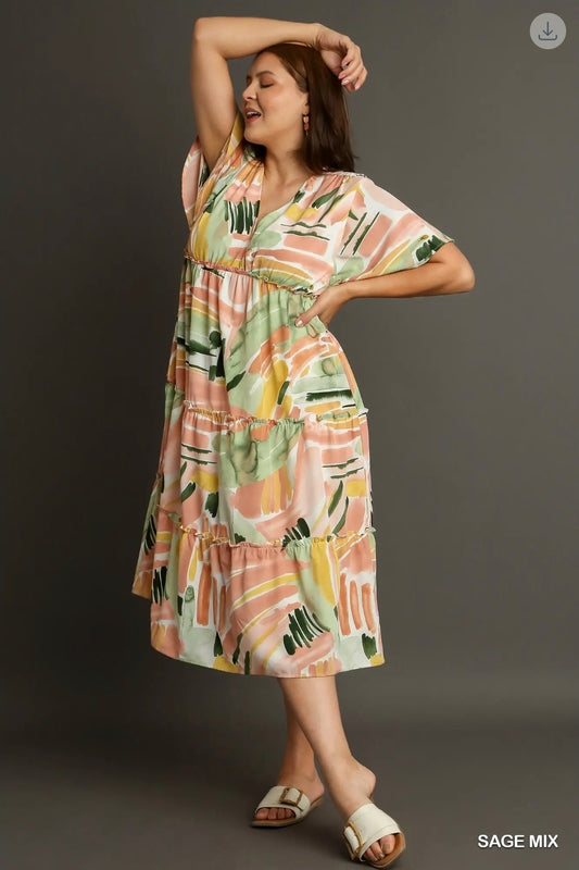 Abstract v neck Tiered A line dress