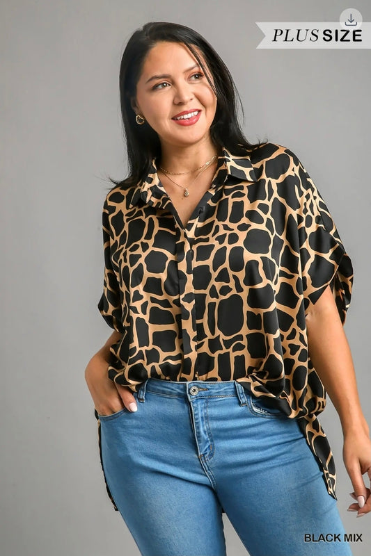 Collared button down print top oversized