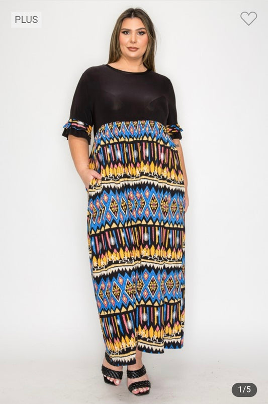 Plus size two tone dress with double layer sleeve