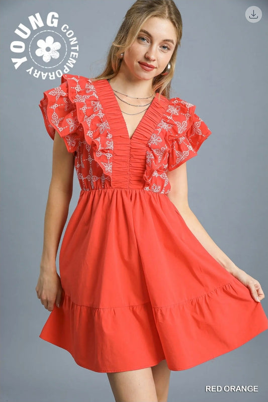 Embroidered ruffle sleeve mini dress