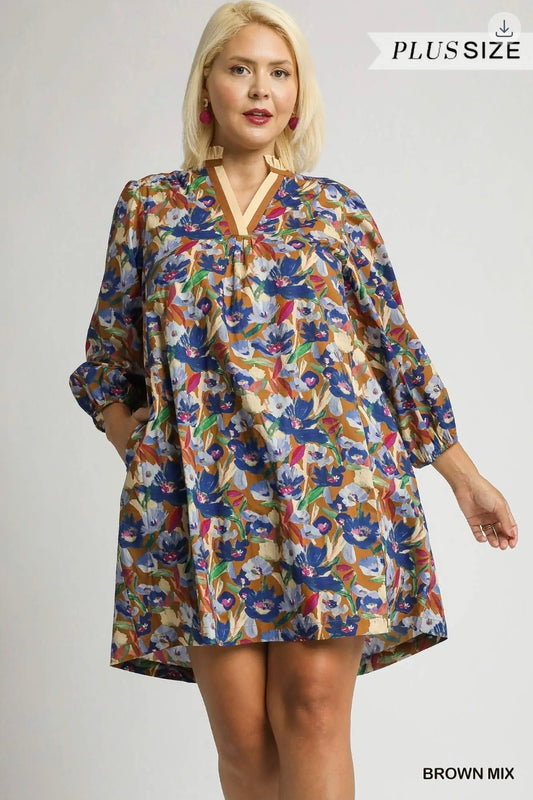 Boho floral v neck ballon sleeve dress