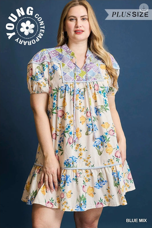 Floral patchwork babydoll dress cream
