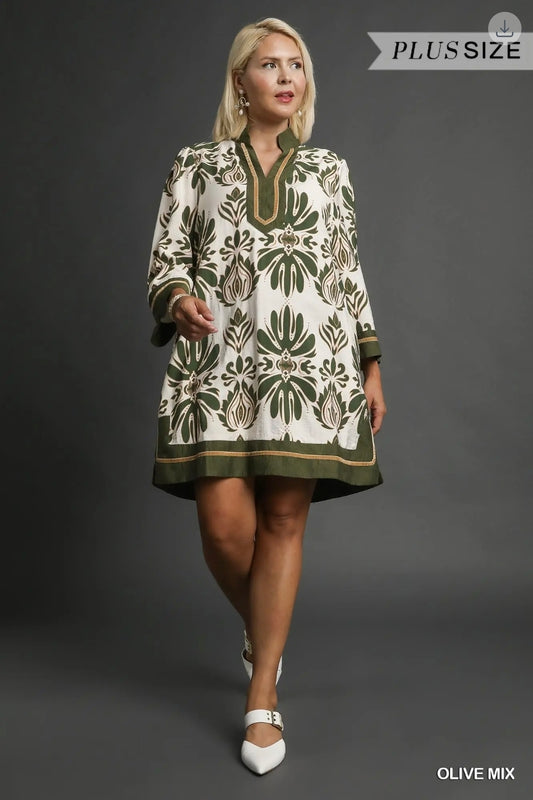 Baroque floral tunic dress with gold trim