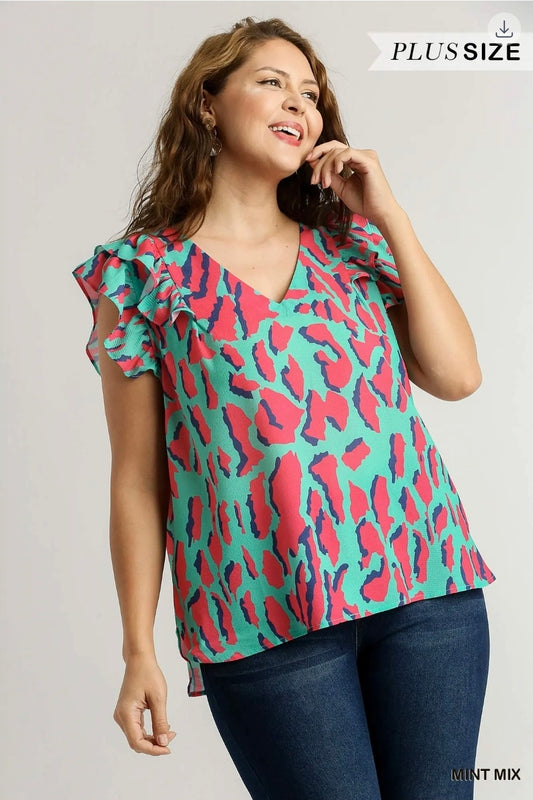 Abstract print v neck top