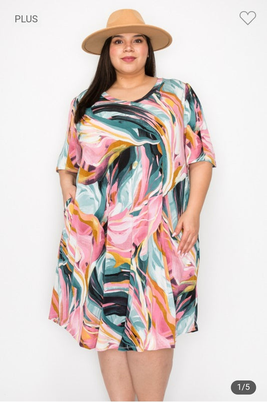 Extra plus v neck wide sleeves dress with pockets