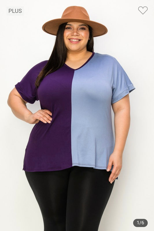 Plus size v neck two tone tunic top
