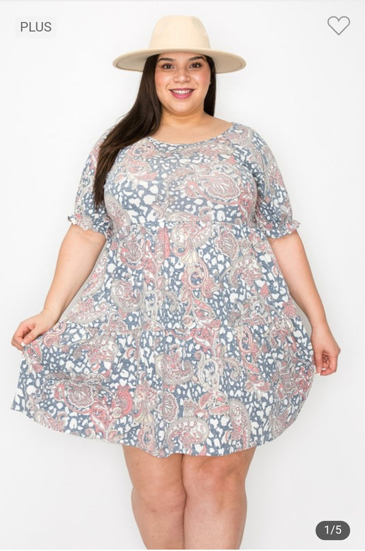 Extra plus shirred sleeves tier ruffle dress