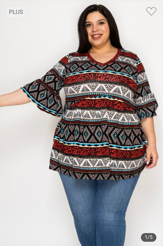 Plus v neck ruffle sleeves tunic top