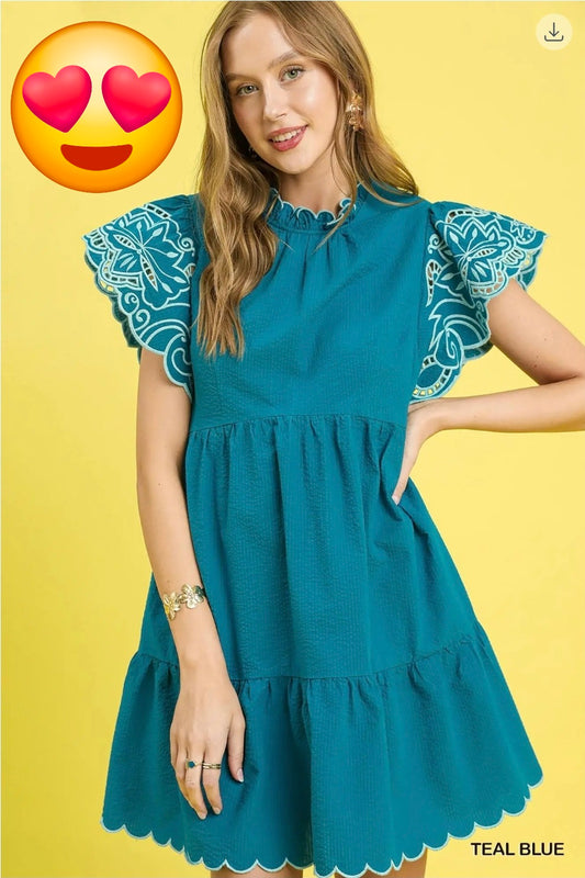 Scallop hem ruffle sleeve mini dress