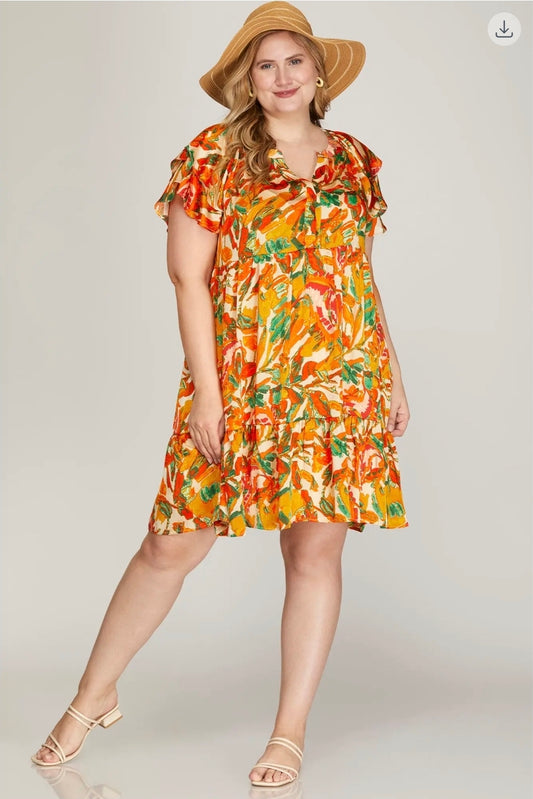 Ruffle sleeve vneck print dress