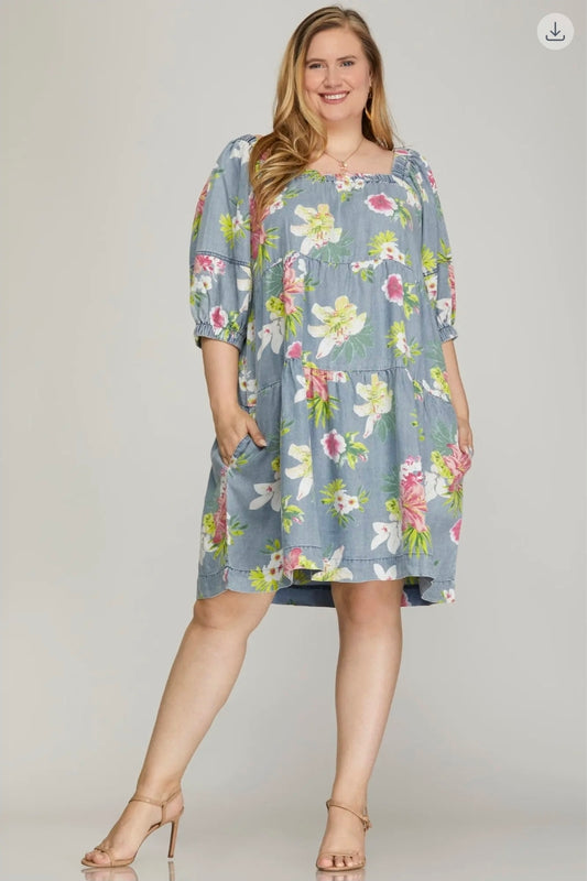 Puff sleeve washed chambray floral print dress