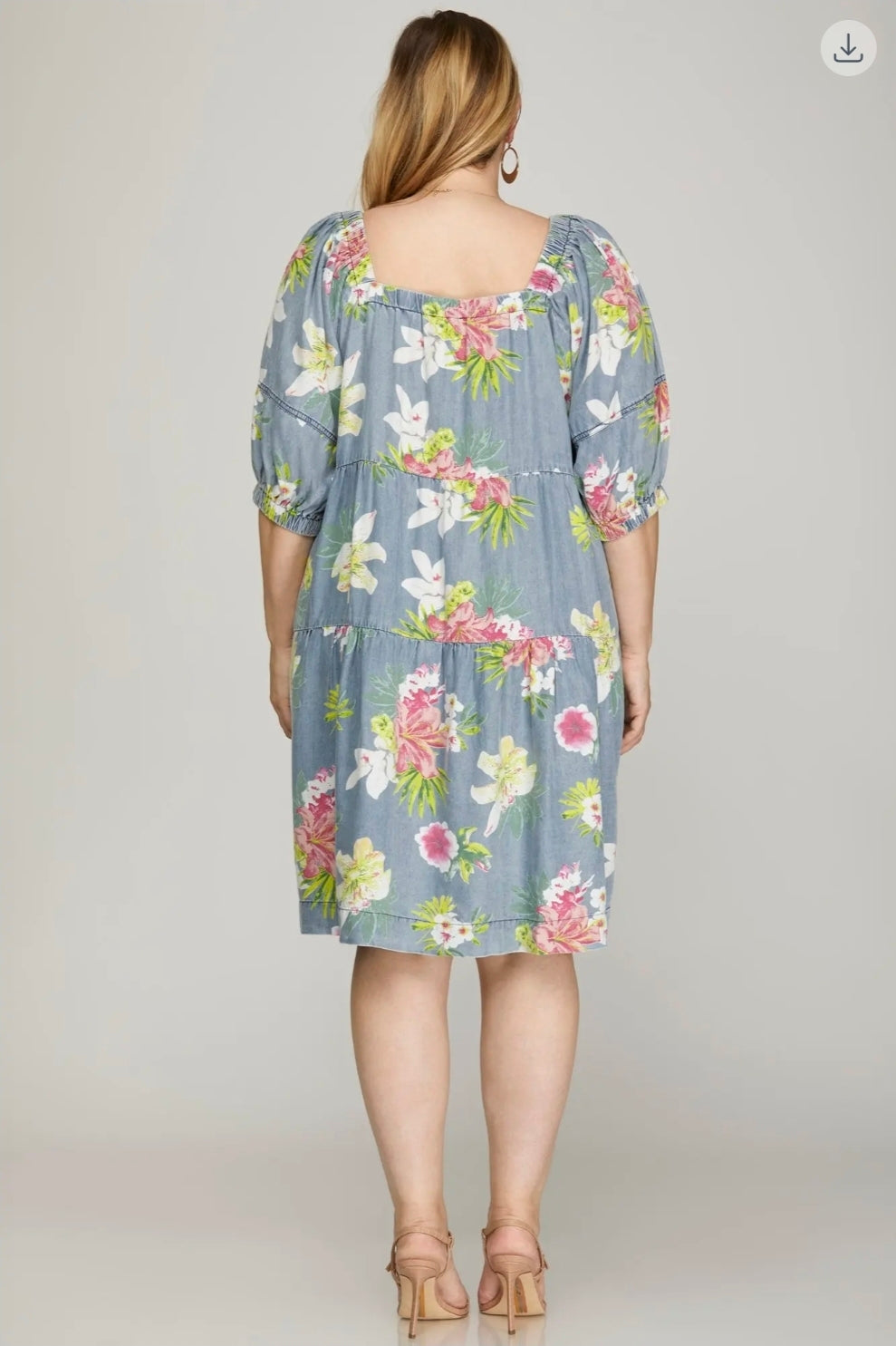 Puff sleeve washed chambray floral print dress