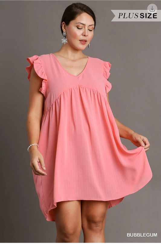Vneck ruffle sleeves dress with pockets