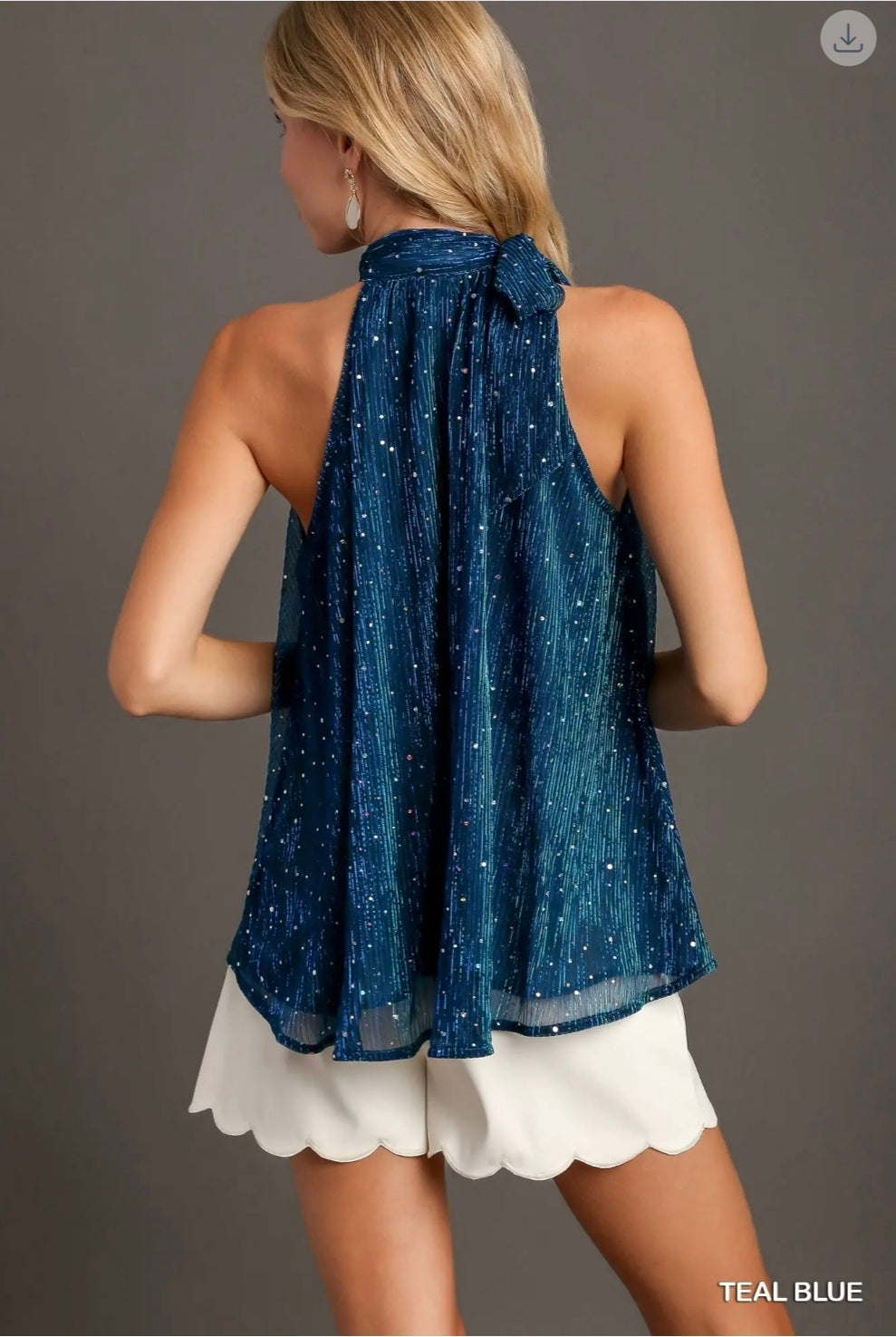 Sleeveless mettalic tie neck halter top