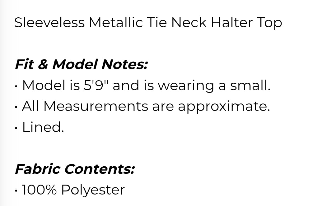 Sleeveless mettalic tie neck halter top