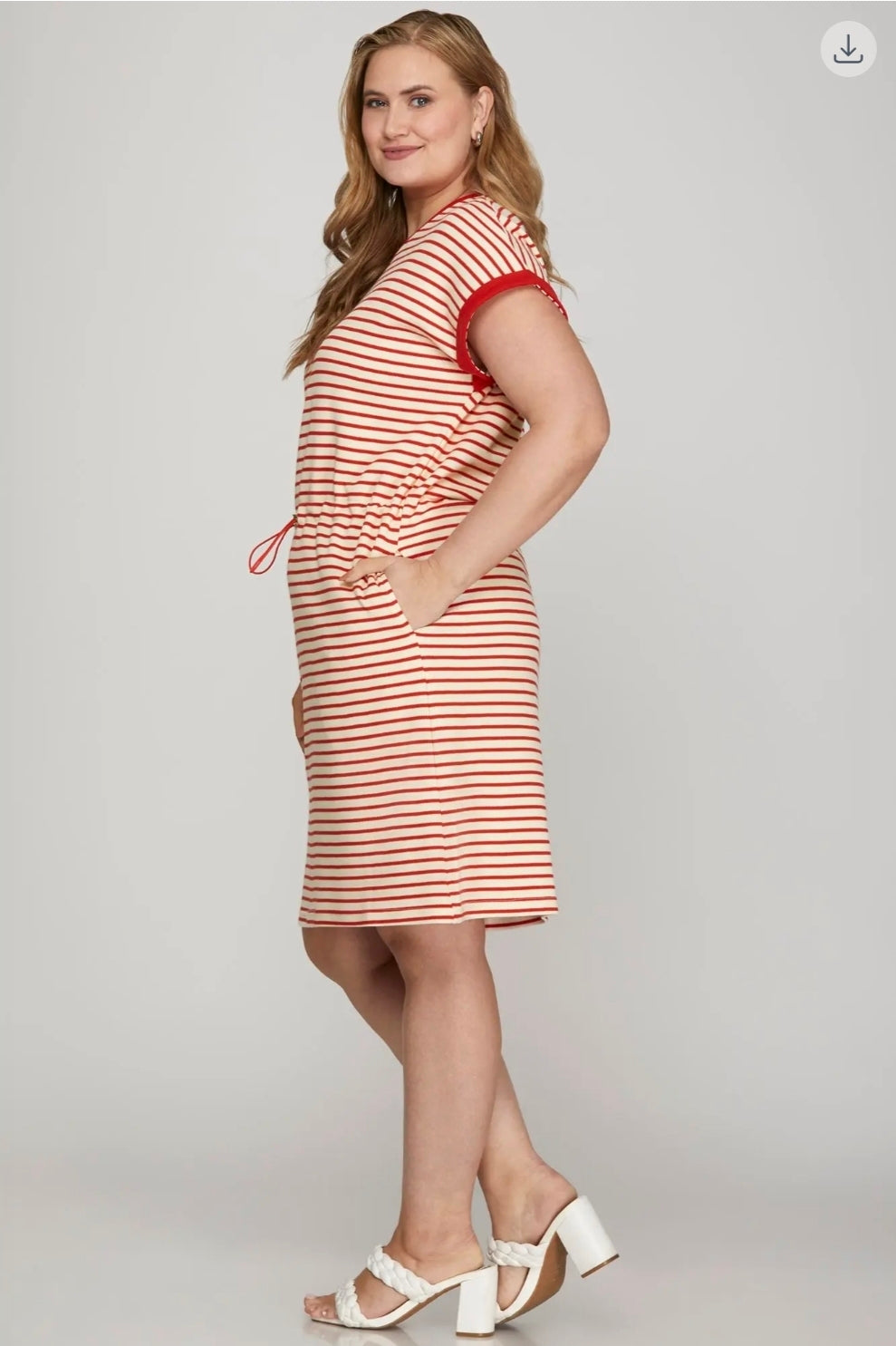 Plus cap sleeve striped knit dress with pockets