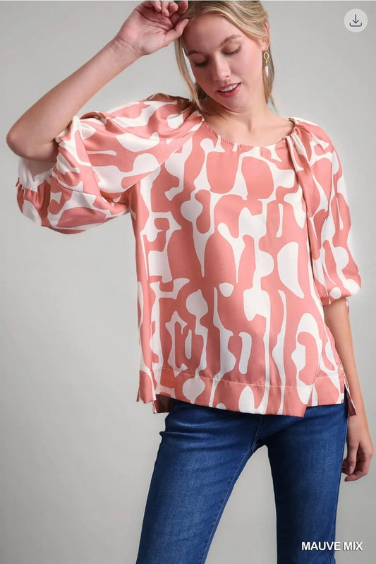 Satin round neck geometric print top