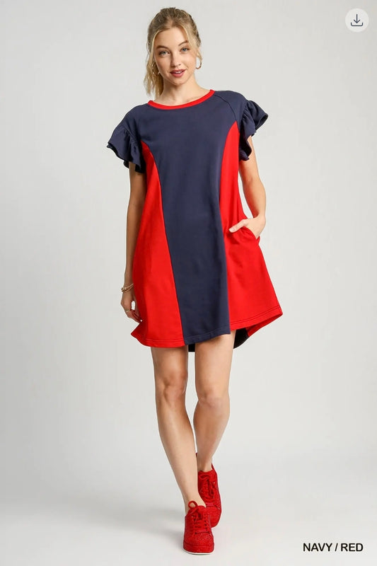 Round neck color block mini dress
